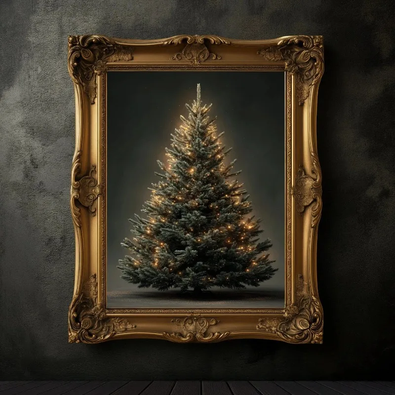 Christmas Tree Canvas Wall Art Green Pine Tree with Warm Golden Fairy Lights Print Minimal Xmas Home Unframed Canvas Poster