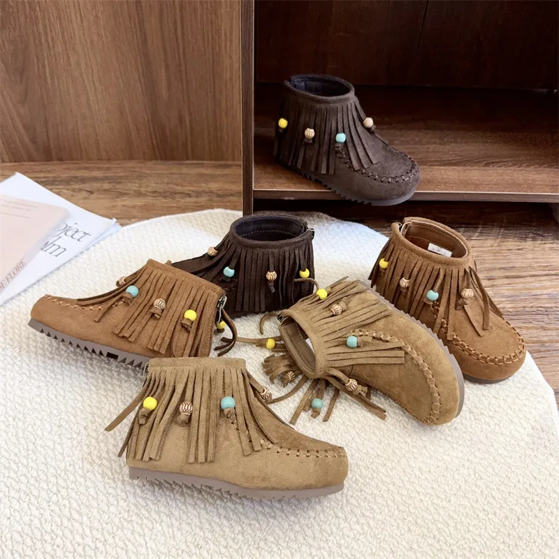 

Retro Girl's Princess Leather Boots 2025 Autumn New Children's Short Boots Fashion Tassel Design Children's Ankle Boots