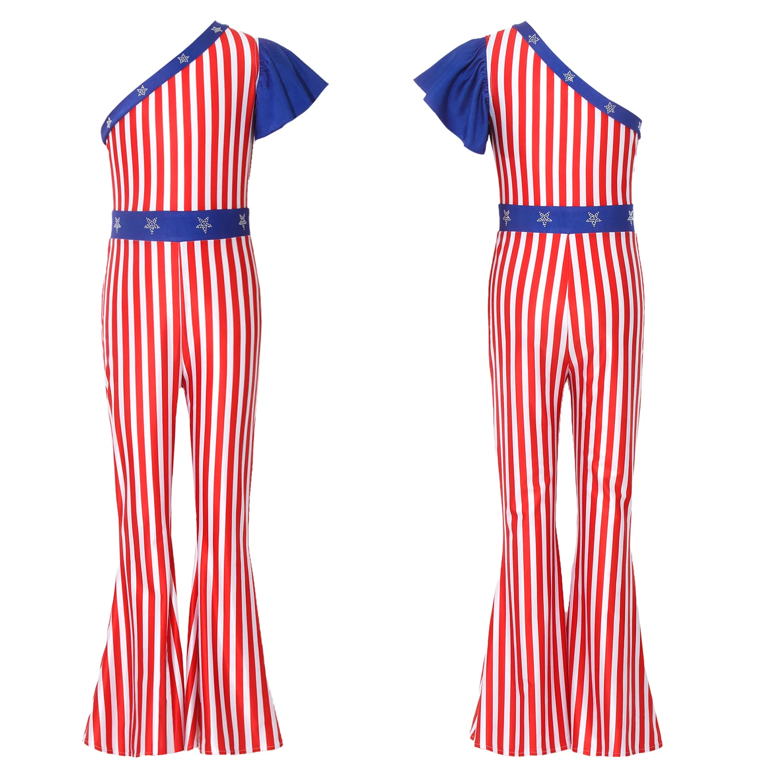 

Kids Girls Cosplay Costume July 4th Independence Day Striped Jumpsuit Sparkly Stars Flared Pants Rompers for Halloween