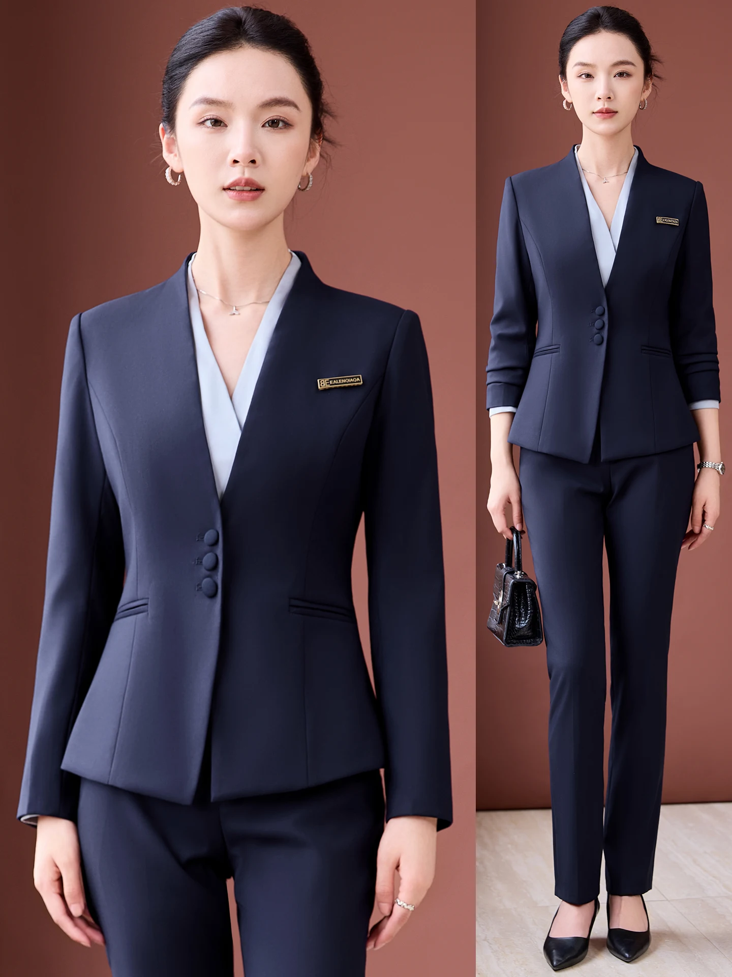 

Blue Professional Suit Set for Women Spring Autumn Front Desk Reception Hotel Manager Work Uniform Ladies Formal Western Suit