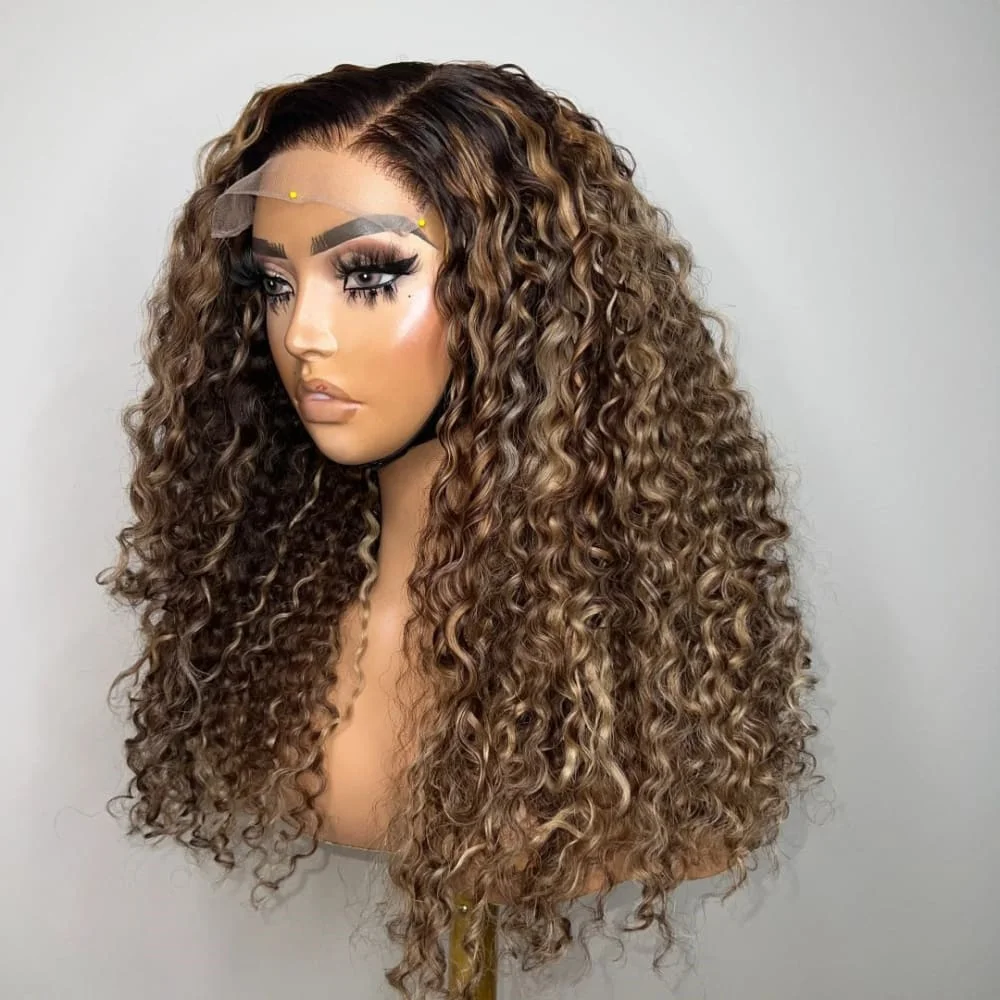 Honey Blonde Lace Front Wig 13x4 Deep Curly Lace Front Wigs  High Density Highlighs Curly Synthetic Fibre Wig Pre Plucked