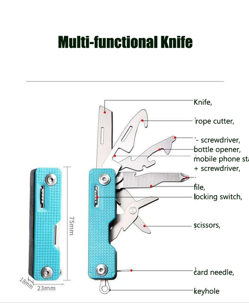Outdoor portable multi-functional knife, folding knife, versatile knife, stainless steel and aluminum knife, camping outdoor sur