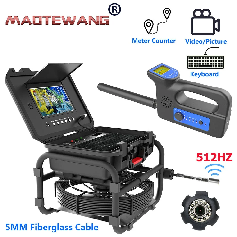 MAOTEWANG  Sewer Pipe Inspection Camera 9Inch IPS 1080P Screen and  512HZ Locator Video+Audio Recording 5X Image Enlarge+Meter