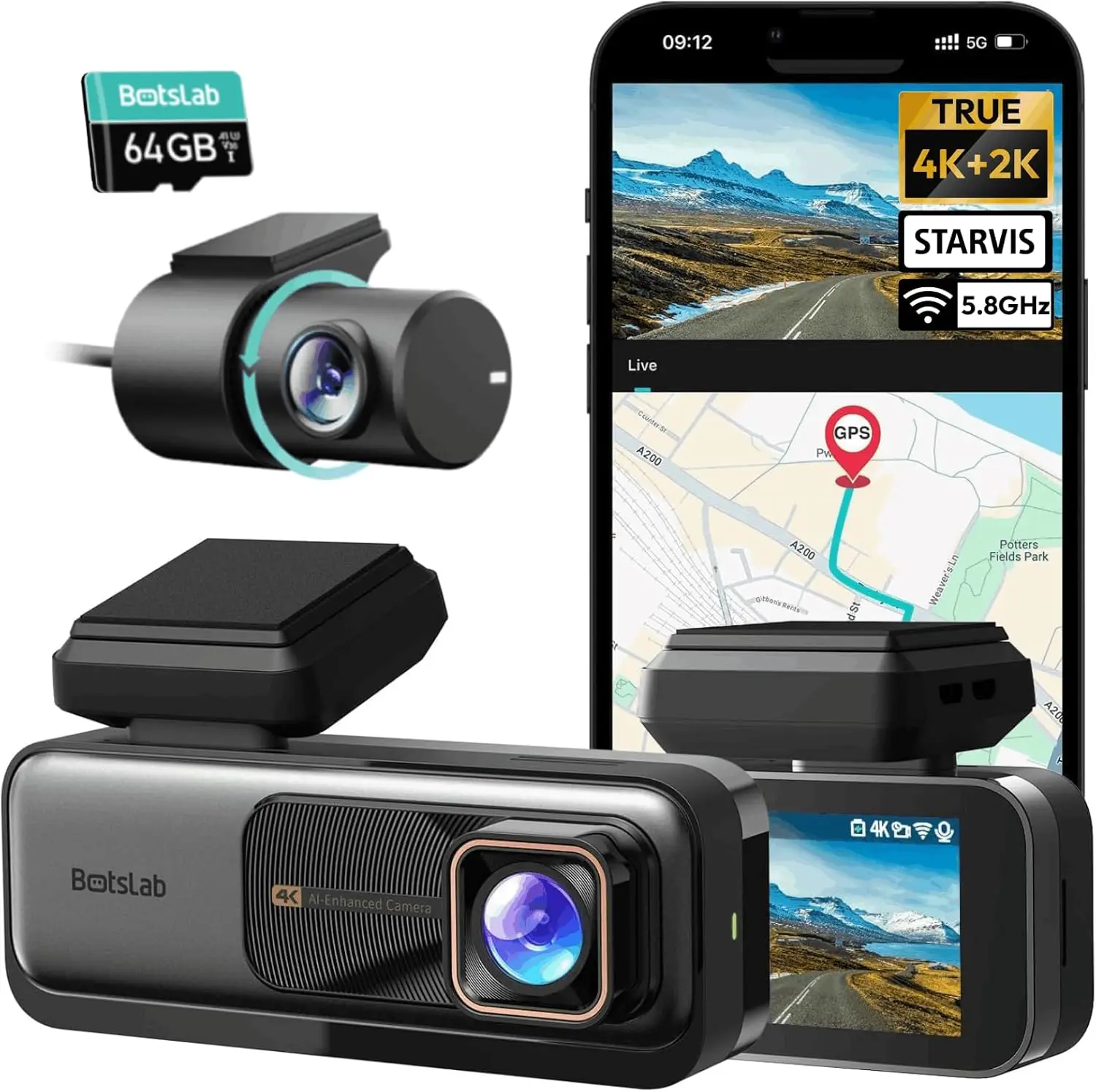 4K Front and Rear Dash Cam with ADAS, Night Vision, Parking Mode, WiFi GPS, Free 64GB SD Card