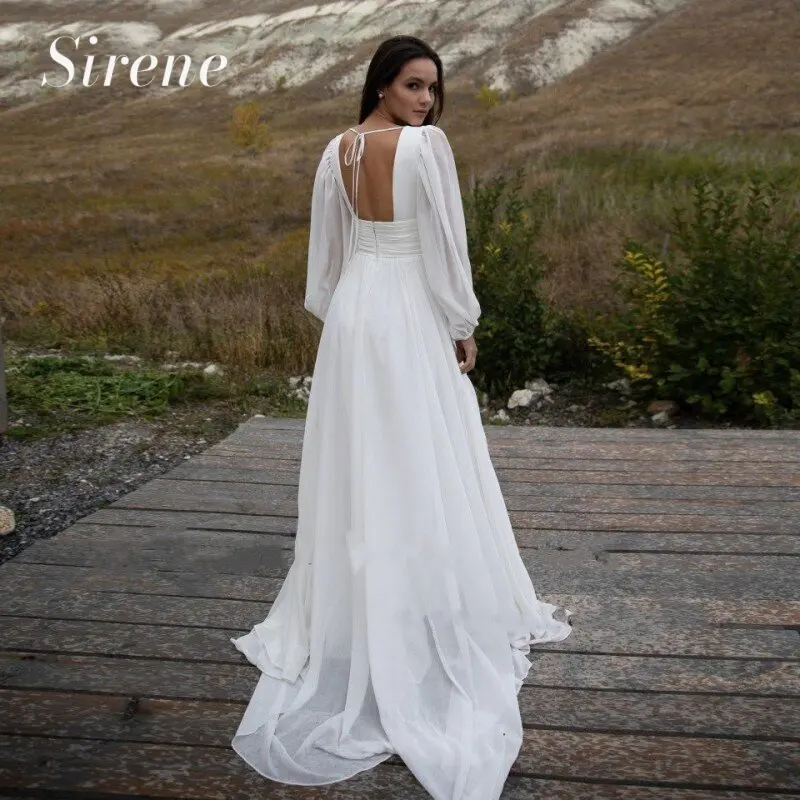 Robe de mariée élégante en mousseline de soie blanche pour femme, manches longues bouffantes, dos nu, plissé, longueur au sol, patients, 2024