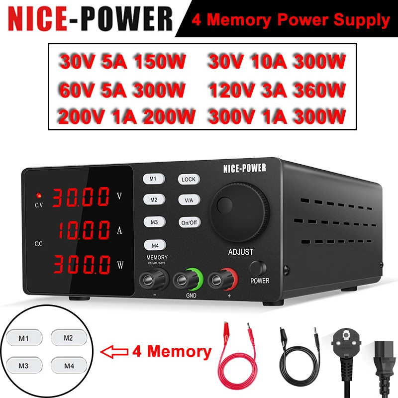 Nice-power 4 Memory DC Lab Power Supply 300V 200V 1A Adjustable Source LOCK OUTPUT Current Voltage Bench Switching Stabilizer