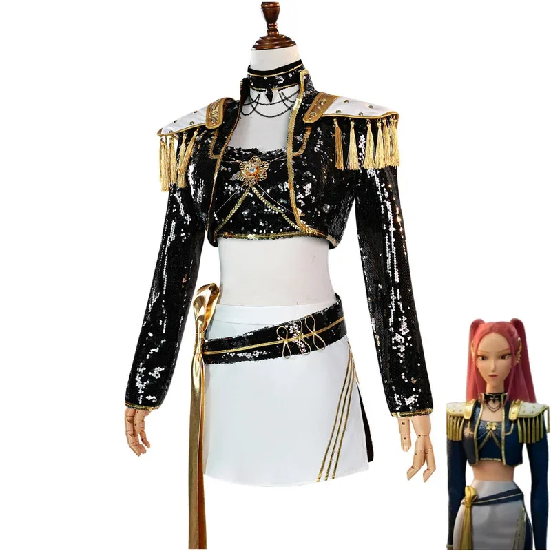 Новый аниме-фильмы Охотники Руми Мира Зои Косплей Костюм Концерт Черное пальто Короткая юбка Униформа Полный комплект Парик Женский сексуальный костюм; 2 '