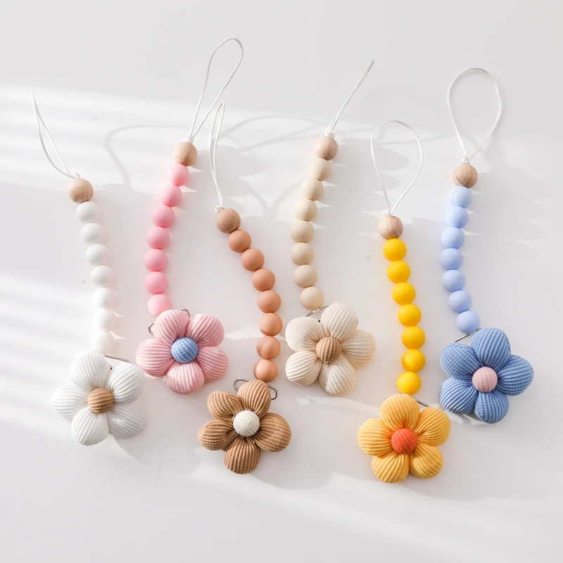 Baby Pacifier Clip Chain Newborn Silicone Flower Crochet Wooden Bead Dummy Nipple Clip Infant Safe Teething Soother Pendant Toys