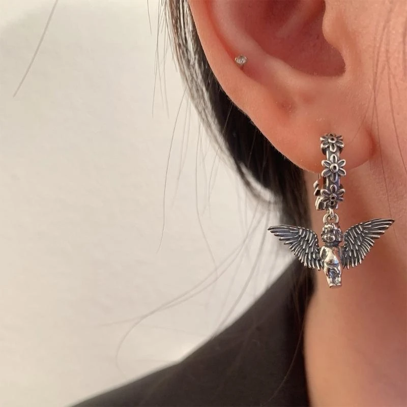 Angel Wing and Flower Hoop Earrings for Women Fashionable Drop Ear Rings Ear Pendants Elegant Party Wear Jewelry