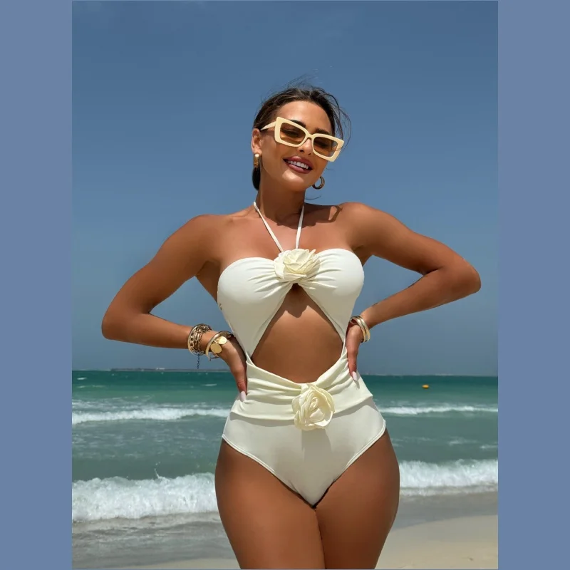 Halter Tie 3D Rose Bathing Suits Swimwear Beachwear / Women Drawstring Hollow Solid Rose Suspender One-Piece Swimwear