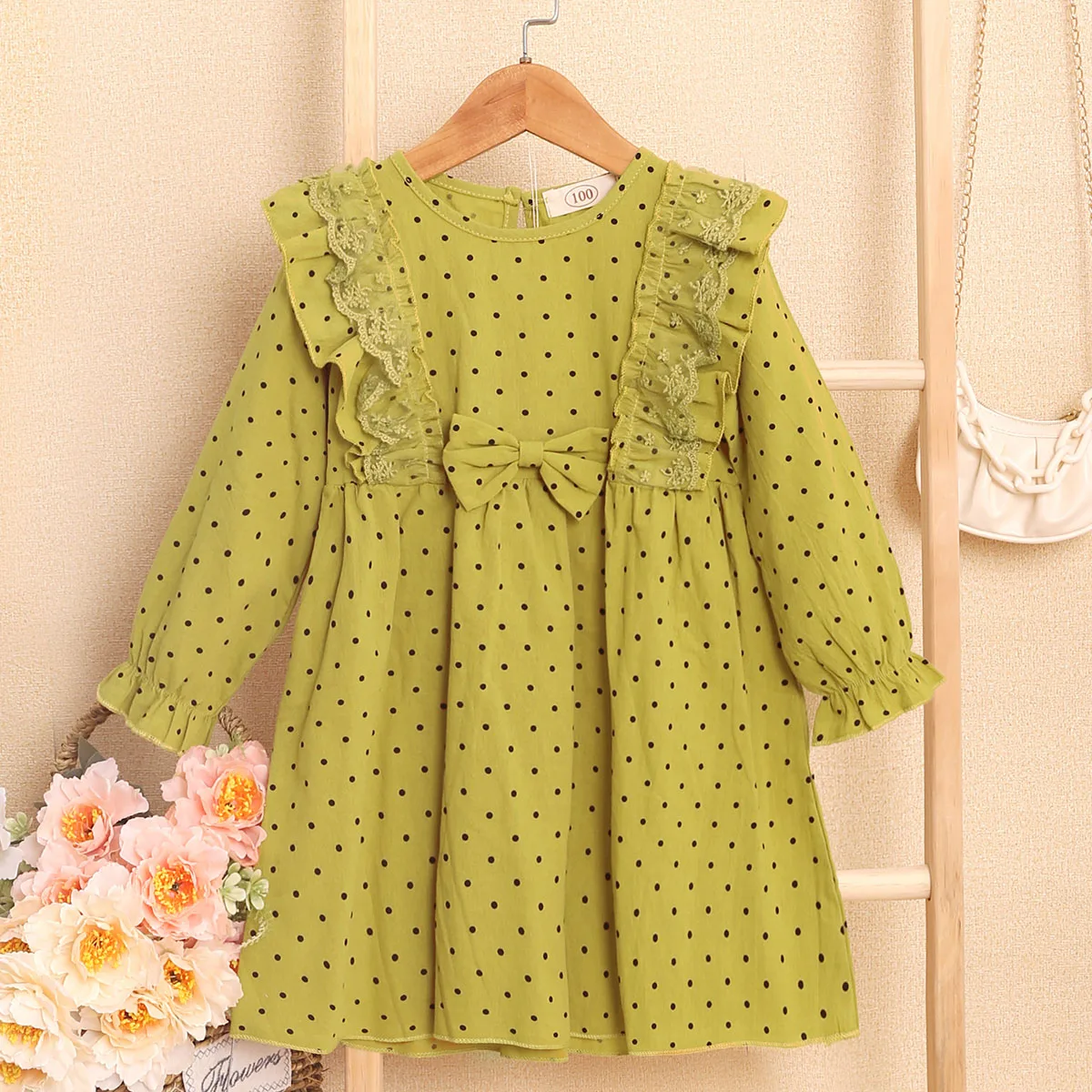 New Spring Autumn Girl's Net Gauze Lace Splicing Long-Sleeved Dress Polka Dot Cute Skirt Casual Kids Children Loose Comfortable