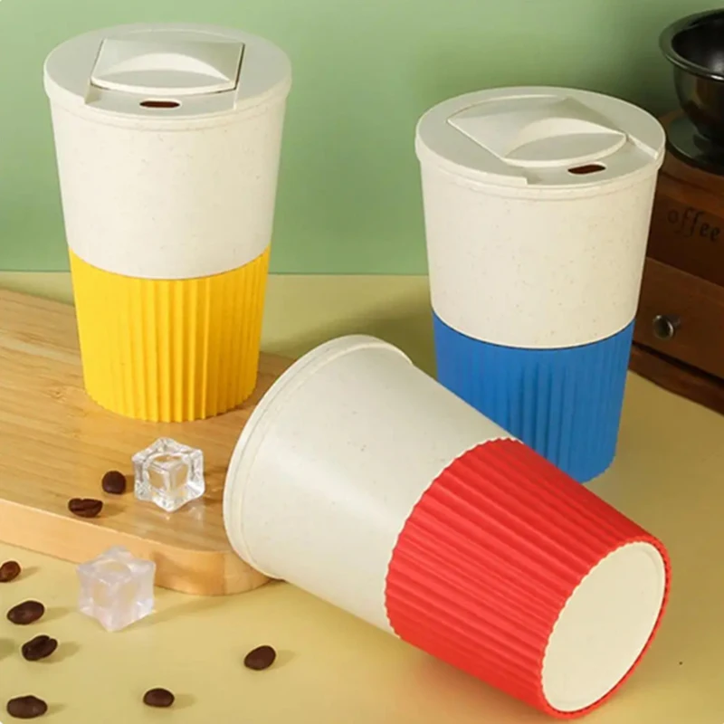 401-500ML Coffee Cup Plastic Wheat Fiber Coffee Cup Travel Mug With Lid Non-slip Sleeve Outdoor Fitness Breakfast Drink Cup