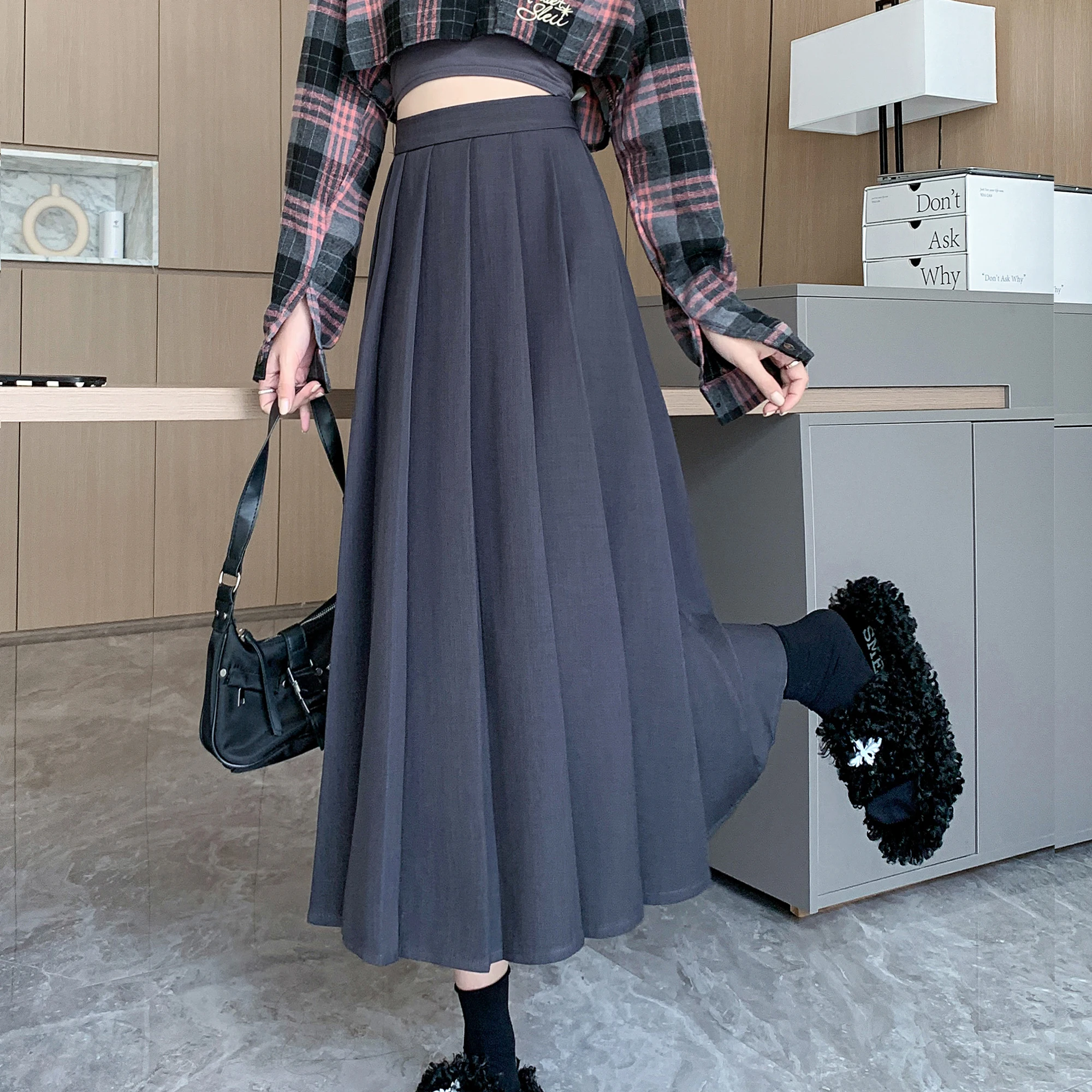 

2025 New Spring Autumn Women Elastic High Waist Slim Long Skirt High Quality Elegant Pleated Big Hem Office Lady Suit Skirt