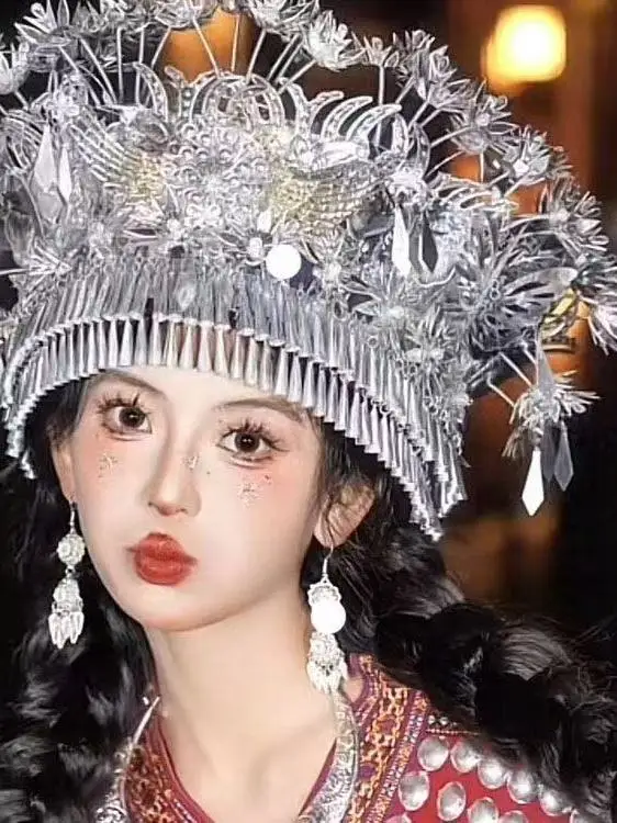 New Silver Hat Miao Ethnic Costume Stage Costume Non-Fading Hair Accessory Travel Photography Ethnic Style Children's Crown