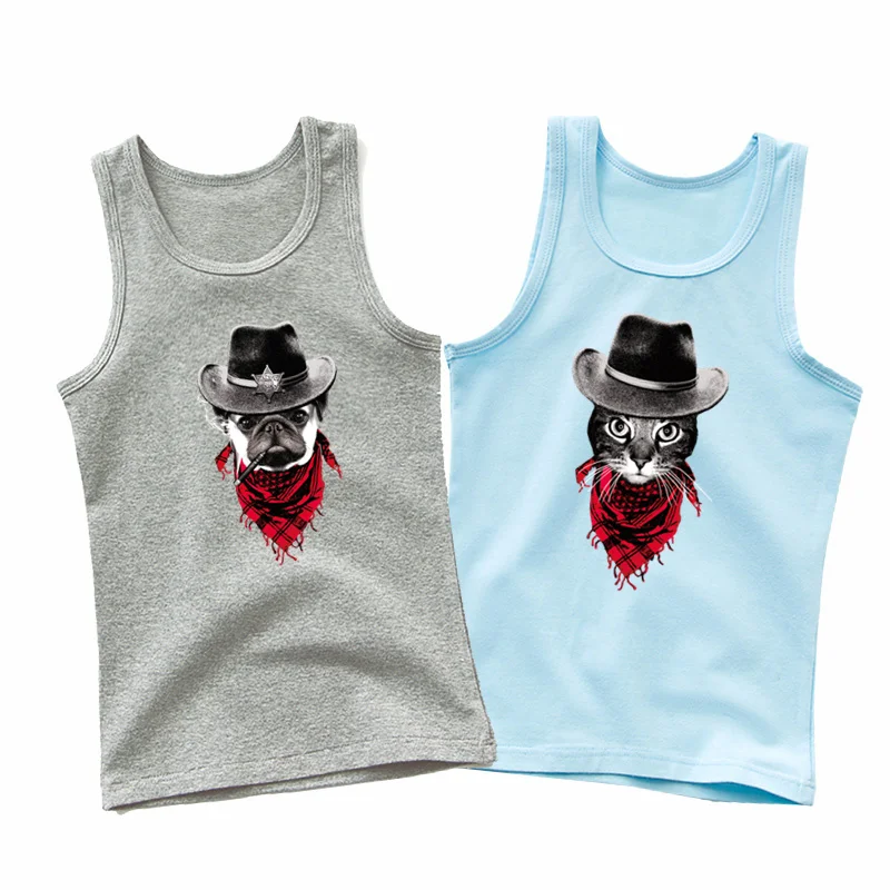 Kinder Baumwolle Westen 2 stücke Sets Cowboy Katze Hund T-shirt Jungen Ärmellose T-shirts Sommer Baumwolle Tank Tops