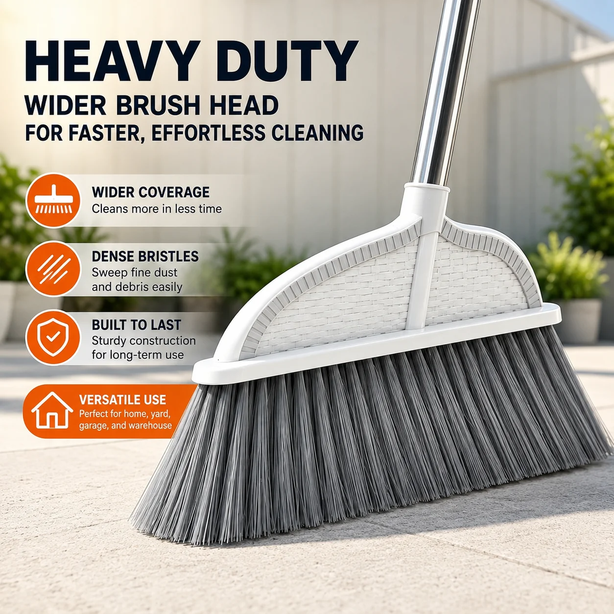 Heavy Duty Outdoor Broom Wide Angle Stiff Bristle Brush Head, Durable Wear Resistant for Yard Garage Driveway Sweeping