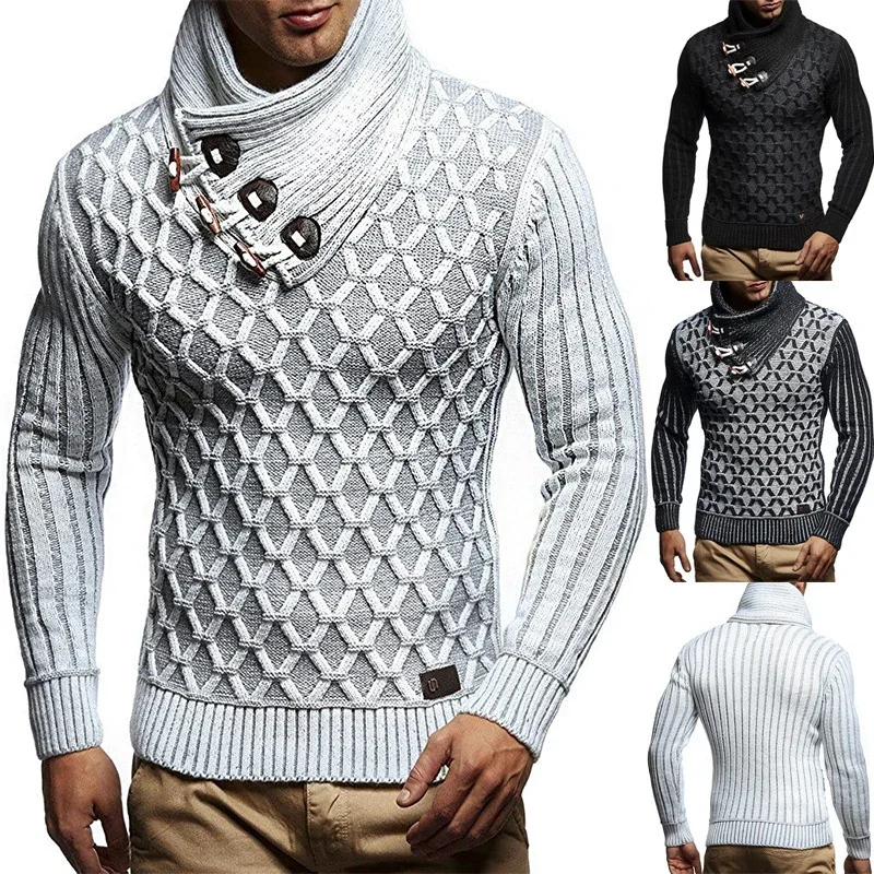 

Men's Leather Buckle Pullover Long Sleeved Knitted Sweater For Autumn And Winter New Large-Sized Youth High Neck Sweater