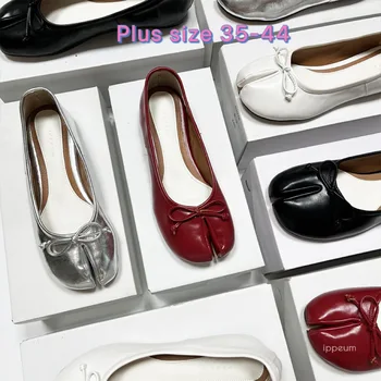 נעלי IPPEUM עם קצה מחולק, נעלי בלט טביס לנשים, עור שחור, מידה 44 עם קשר פרפר, בלרינות זפתות לנשים