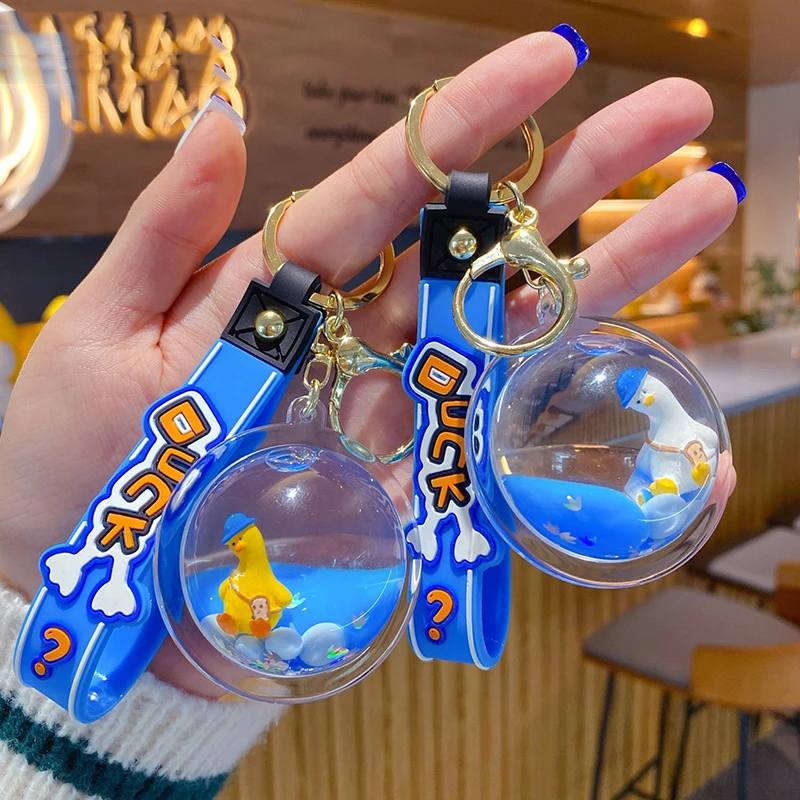 Cartoon Acrylic Ball Into Oil Floating Tilted Duck Liquid Keychain Holder Cute Hat Duck Animal Sequin Key Chain Girl Bag Pendant image 5