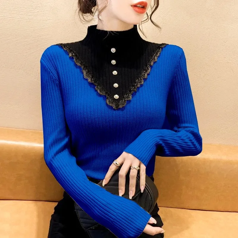 Women Mock Neck Ruffles Sweater Long Sleeve Knitted Bottoming Solid Pullovers Stripe Casual Sweater For Women 2024 Autumn