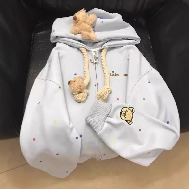 

3D Color Dot Cardigan Sweatshirt Jacket for Women, Autumn and Winter, Fleece Lined, Thickened, Hooded, Loose Fit, Design Sense,