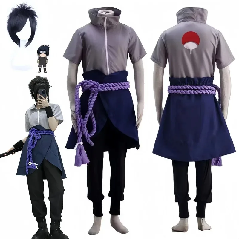 123Uchiha تأثيري أنيمي Daiyoji Ninkai Taisen Uchiha Sasuke القمم السراويل شعر مستعار الدعاوى هالوين زي الرجال