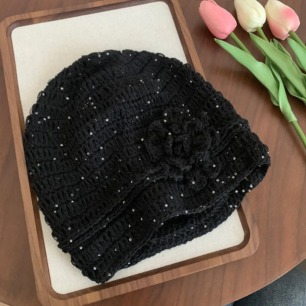 

Ins Hand-woven Flower Knitted Caps Hollow Y2k Sequin Crochet Hat Versatile Thin Beanies Cap Spring Summer