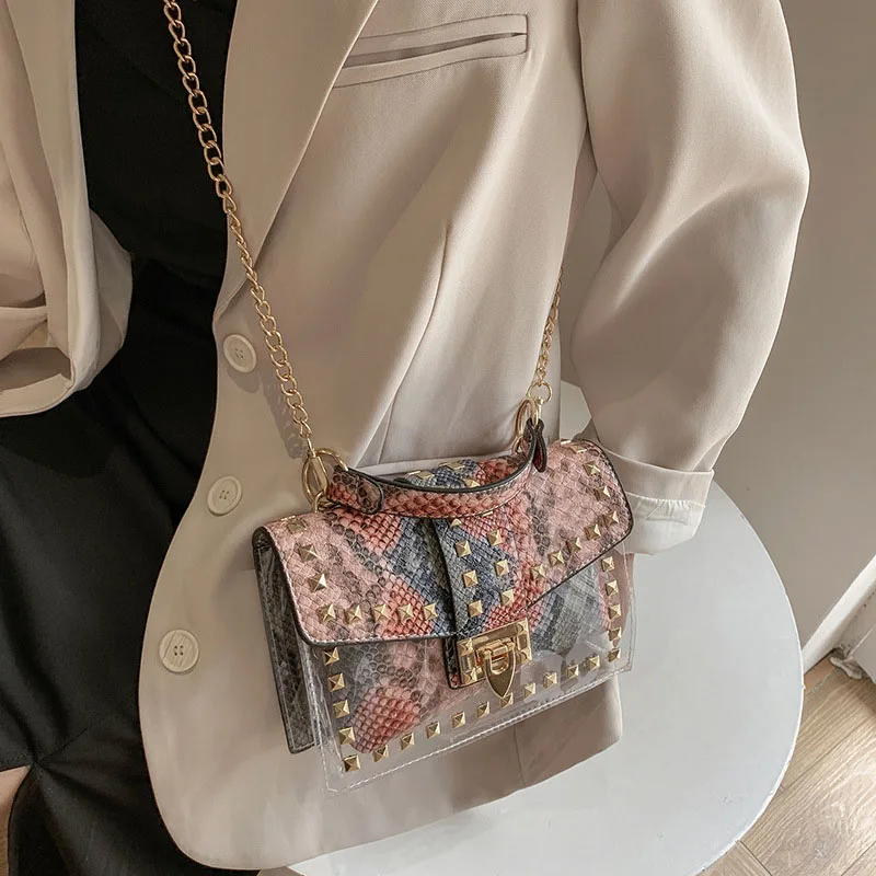 Graffiti Translucent Retro Rivet Women Cover Handbags Letter Shoulder Chain Flap Lady Purse Crossbody Bag