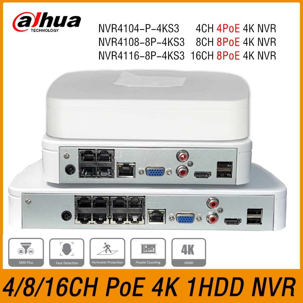 Dahua NVR4104-P-4KS3 4CH 4PoE NVR4108-8P-4KS3 8CH 8PoE Smart CCTV Kamera Systeme Lite Netzwerk Video Recorder NVR Gesichtserkennung