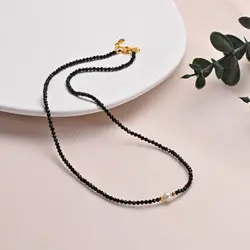 Black Spinel Natural Crystal 5-6mm Near Round Freshwater Pearl Necklace Gold Plated S925 Sterling Silver Fine Jewelry for Women
