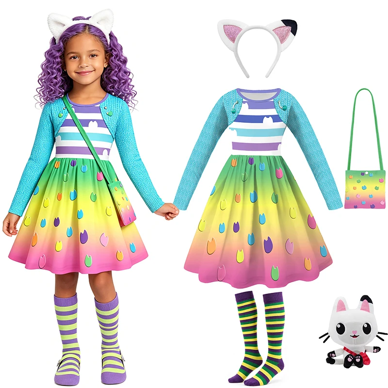 Gabby Doll Cat Rainbow Striped Cartoon Dress for Girls Halloween Cosplay Birthday Party Kids Clothes Carnival Children's Costume