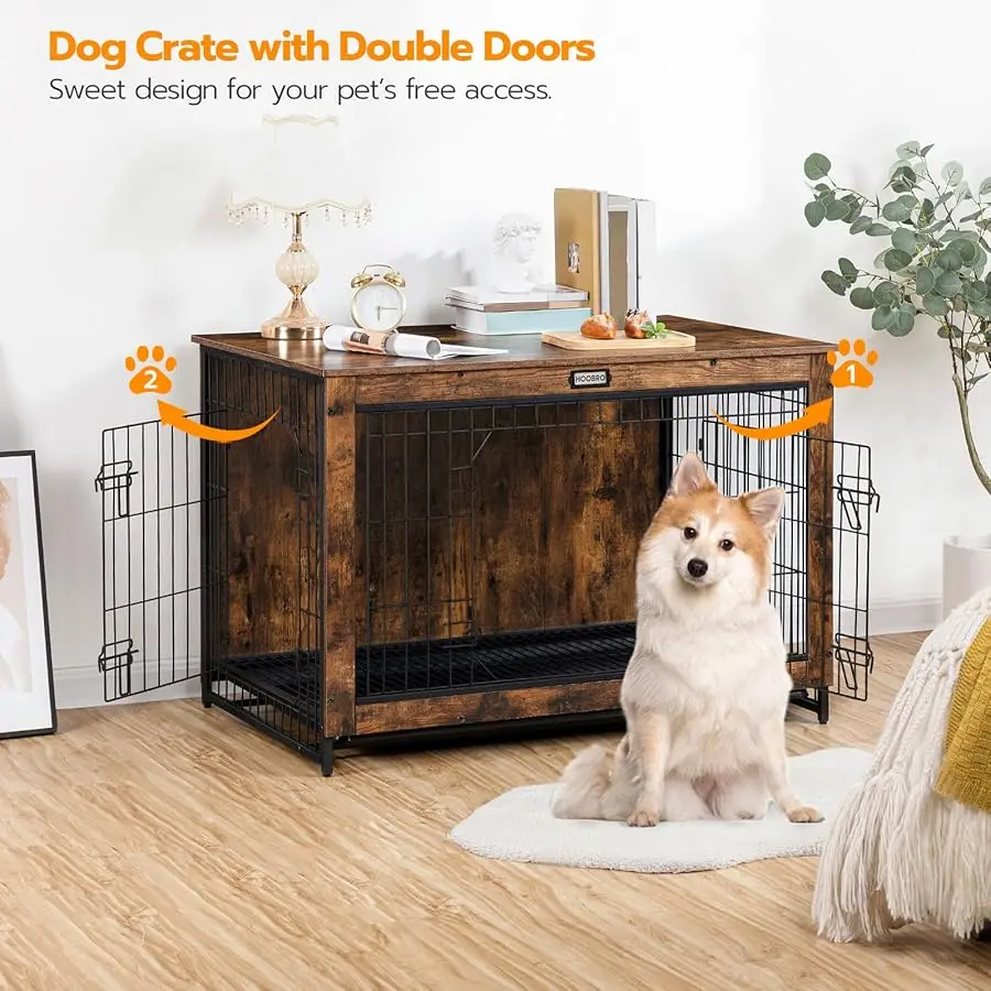

Dog Crate Furniture, 38.6" Large Dog Kennel Indoor, Wooden Cage with Pull-Out Tray, Double Doors Pet House Side End Table for La