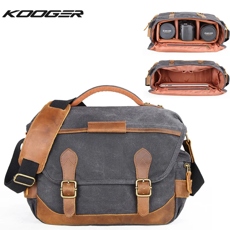 Borsa per fotocamera retrò KOOGER borsa a tracolla DSLR per fotografia impermeabile borsa a tracolla con cartella in tela cerata di grande capacità