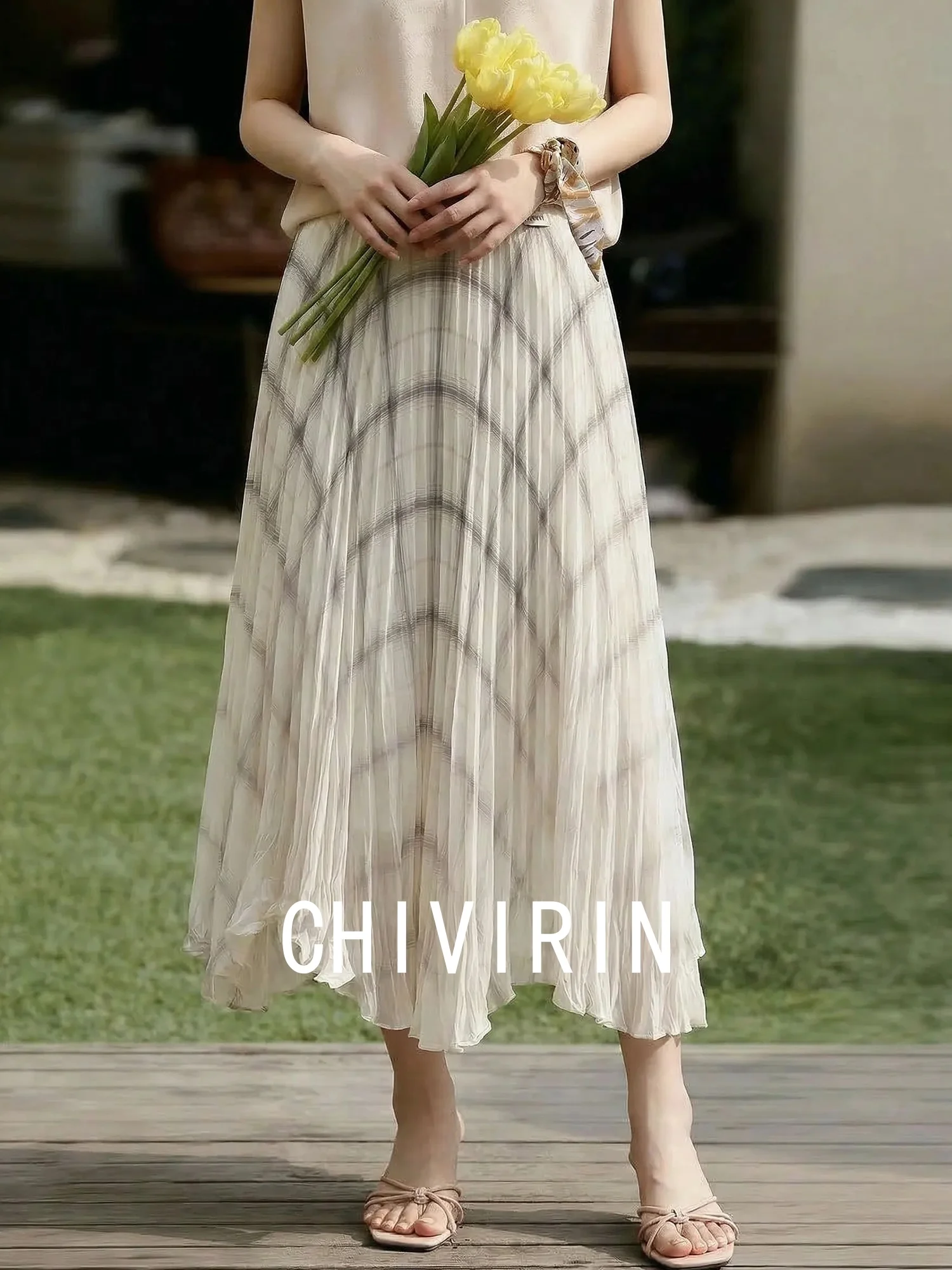 

Асимметричная юбка Chivirin Gentle Wind с высокой талией, женская летняя юбка миди с волнистым узором, дышащая, приятная для кожи