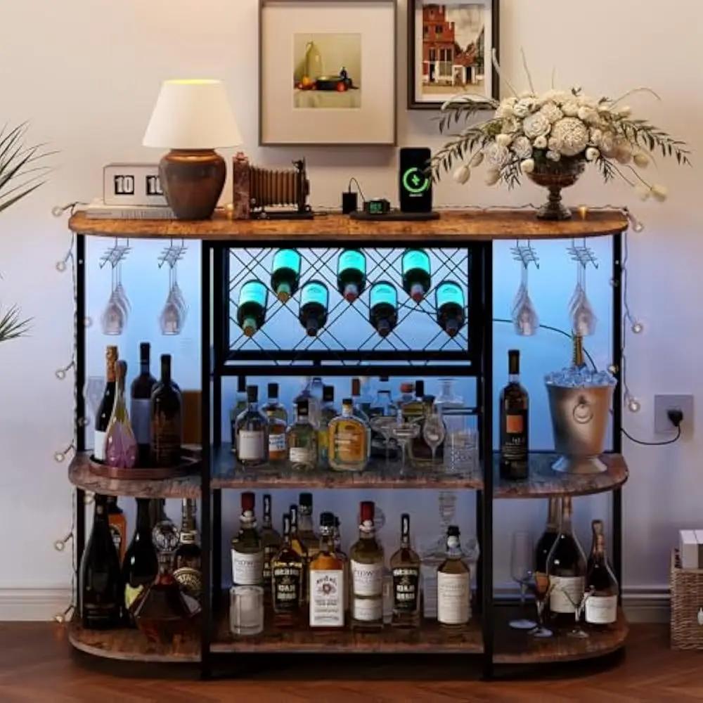 

Wine Bar Rack Cabinet w/Power Outlet & LED Lights, 4-Tier Storage Home Bar Cabinet Table, Freestanding Wine Racks & Glass Holder