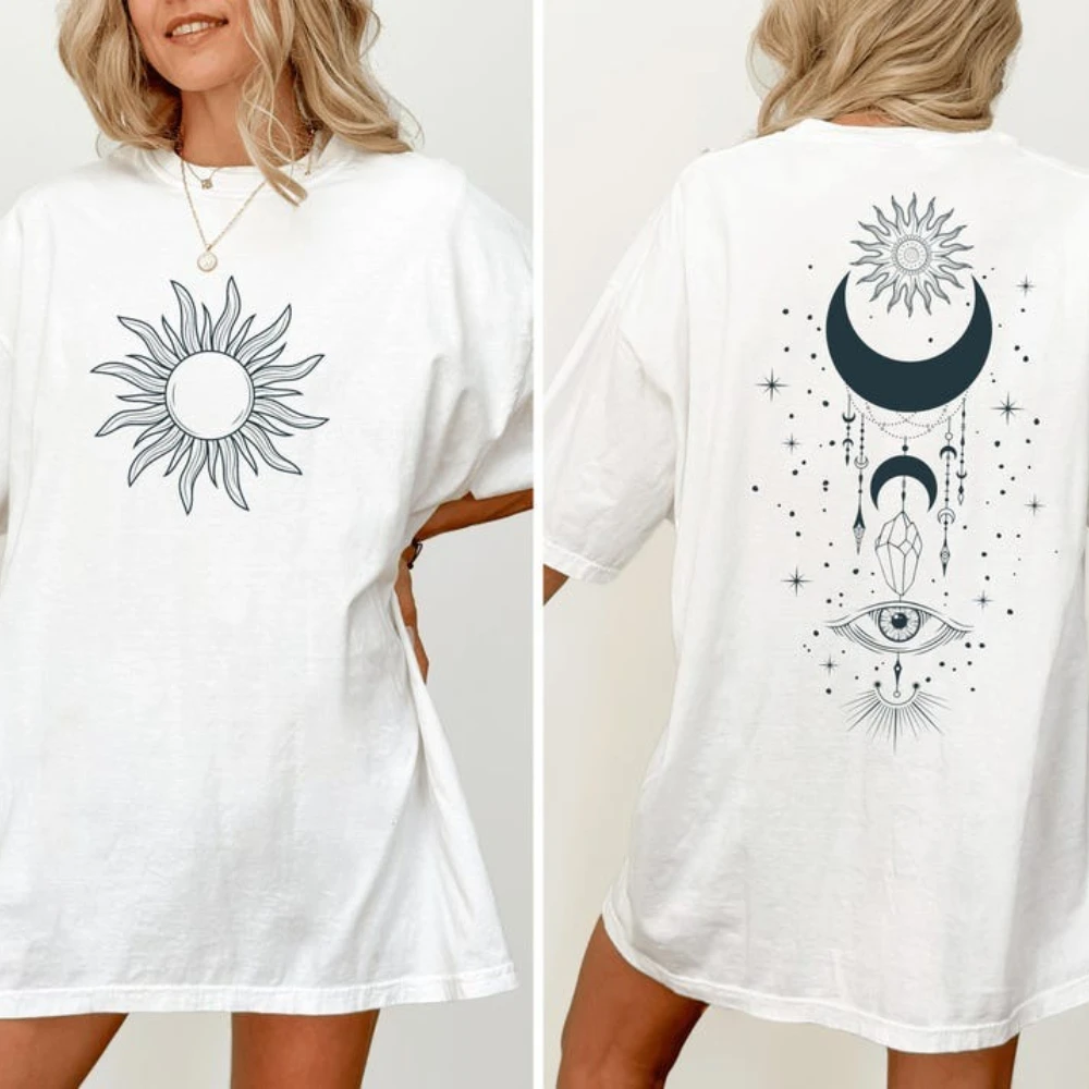 Boho T-shirt Mystic Celestial Moon Sun Graphic Hippie Unisex Fall Autumn 2025 Spring and Autumn Customized Many Colors Tops