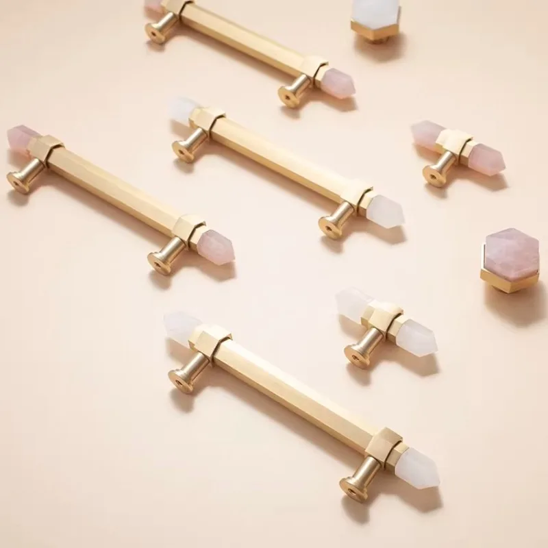 Natural Pink Crystal+Solid Brass Furniture Knobs and Handles Luxury Bedroom Wardrobe Dresser Pulls Cabinet Door Handle Hardware