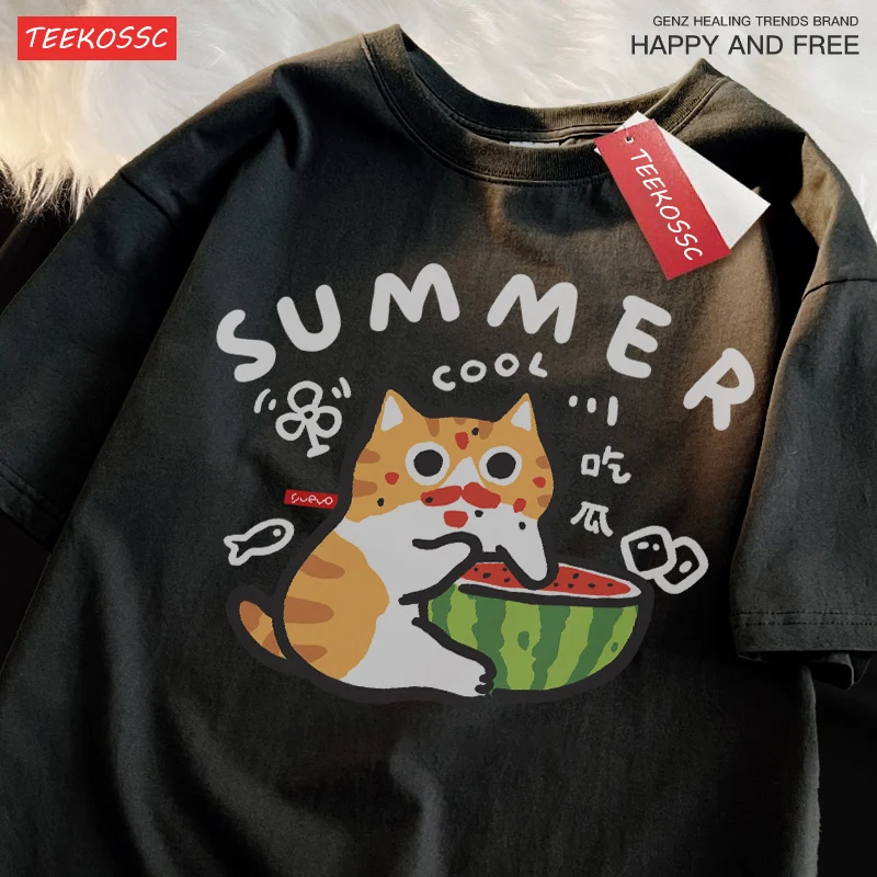 Eating Melons Oranges Cats Funny Catsprinted Mans T-Shirt Fitting Cool T Shirts Leisure Oversized Tee Shirt Pleasure Cotton Tops