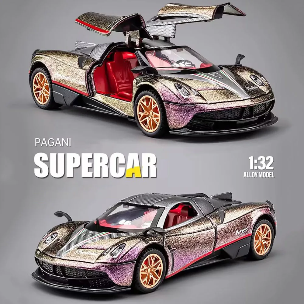 

Коллекция 1/32 года, модель машинки Pagani Huayra Roadster BC, литые под давлением автомобили с искусственной музыкой, спортивный автомобиль на 4 двери, открывающийся автомобиль, подарок для малышей и детей