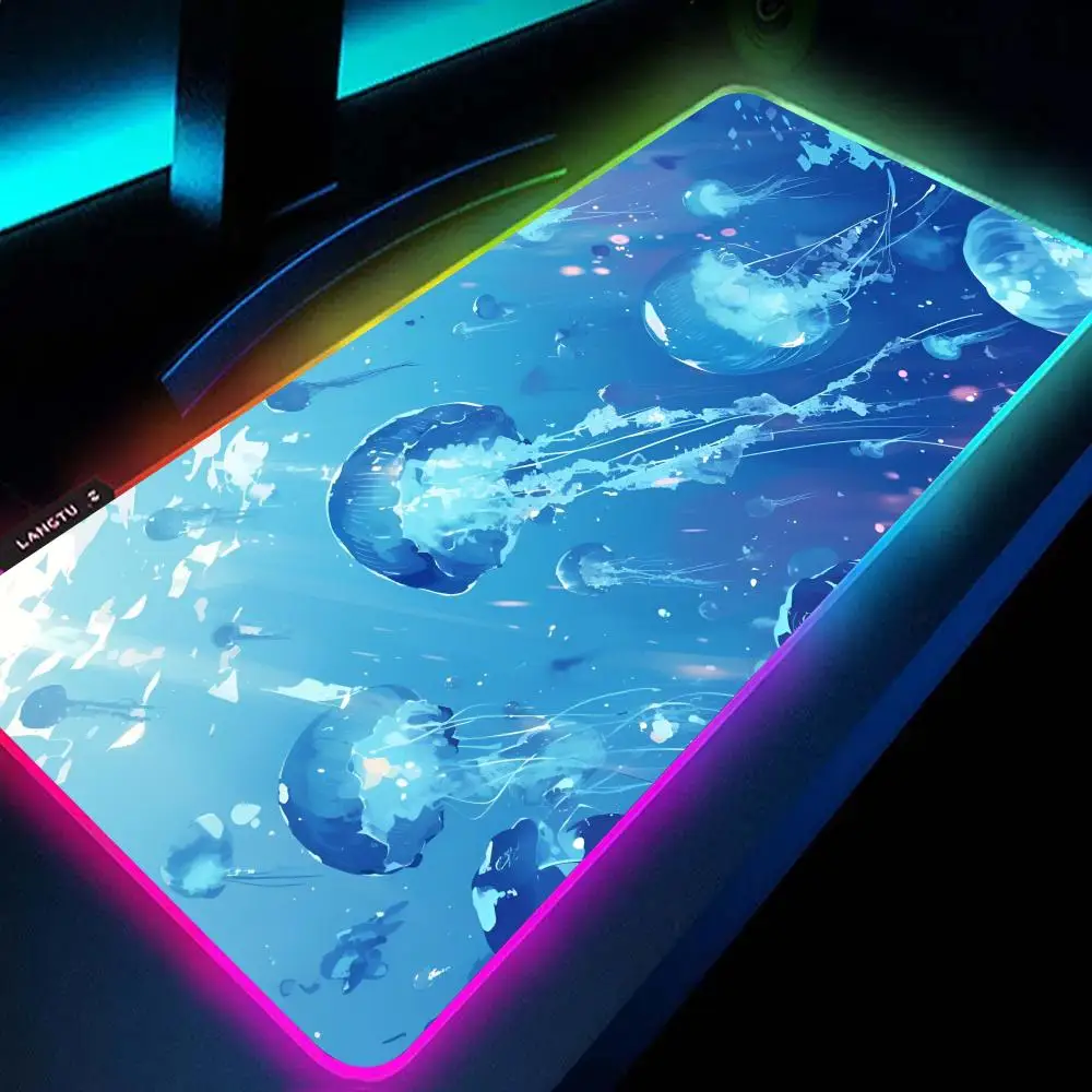 Blue jellyfish Mouse Pad RGB Large Gaming Mouse Pad Non-slip Rubber Base Keyboard Pad Extra Large Luminous LED Mouse Pad