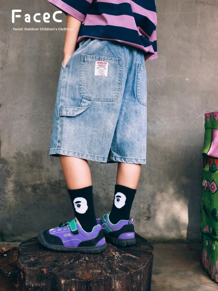 

Facec Summer Outdoor Kids Jeans Shorts Five-Pointed Pants Cotton Fabric Soft Processed Unisex Kids Clothing Mountain Series