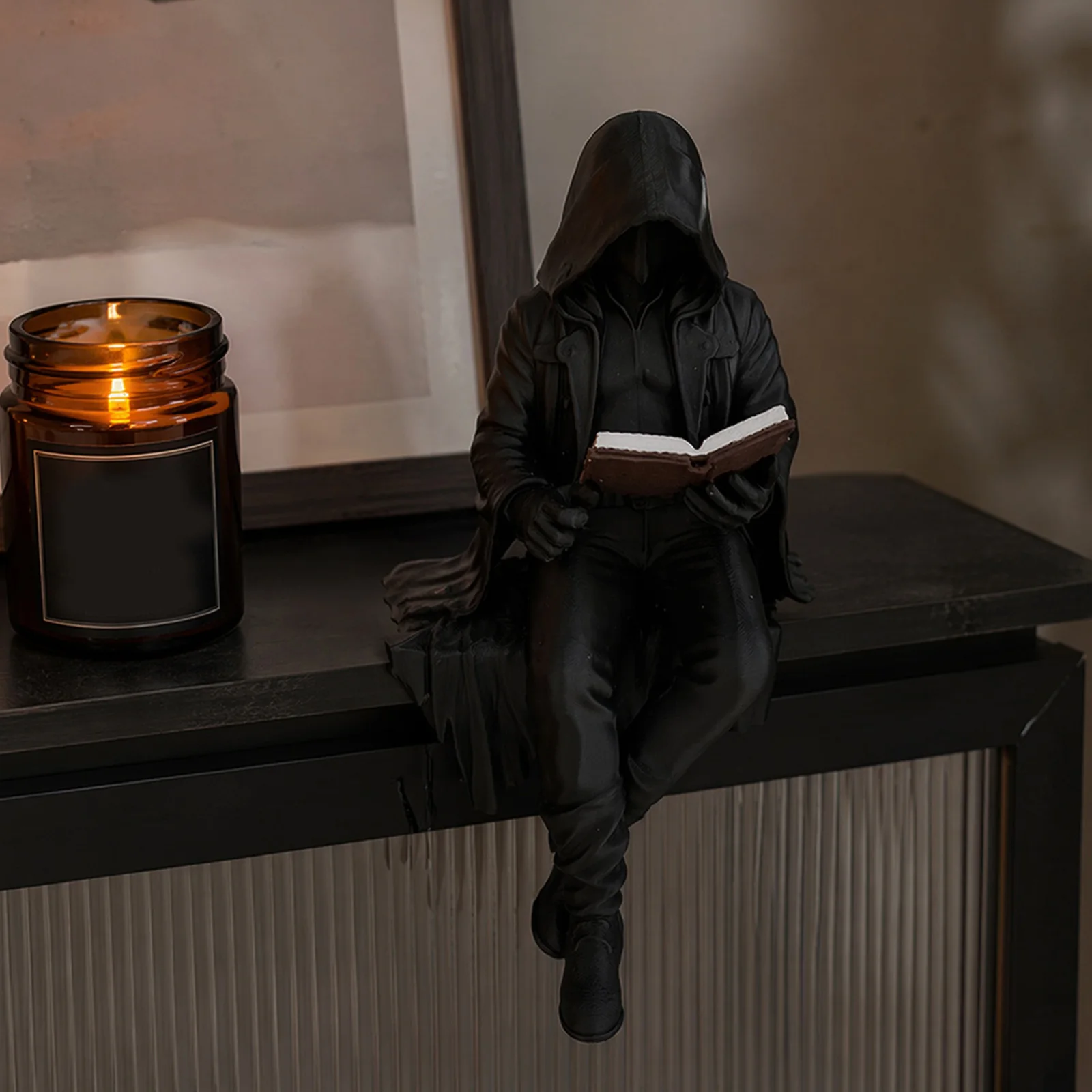 Resin Grim Reaper Mini Figurine Gothic Decor Sitting Hooded Ghost Figurine Miniature Spirit Sculpture for Office Shelf