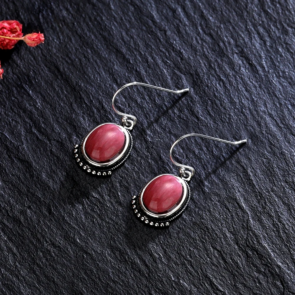 

925 Sterling Silver Earrings Natural 8*10MM Rhodochrosite Earrings Luxury Jewelry for Women Vintage Tiger's Eye Stone Earrings