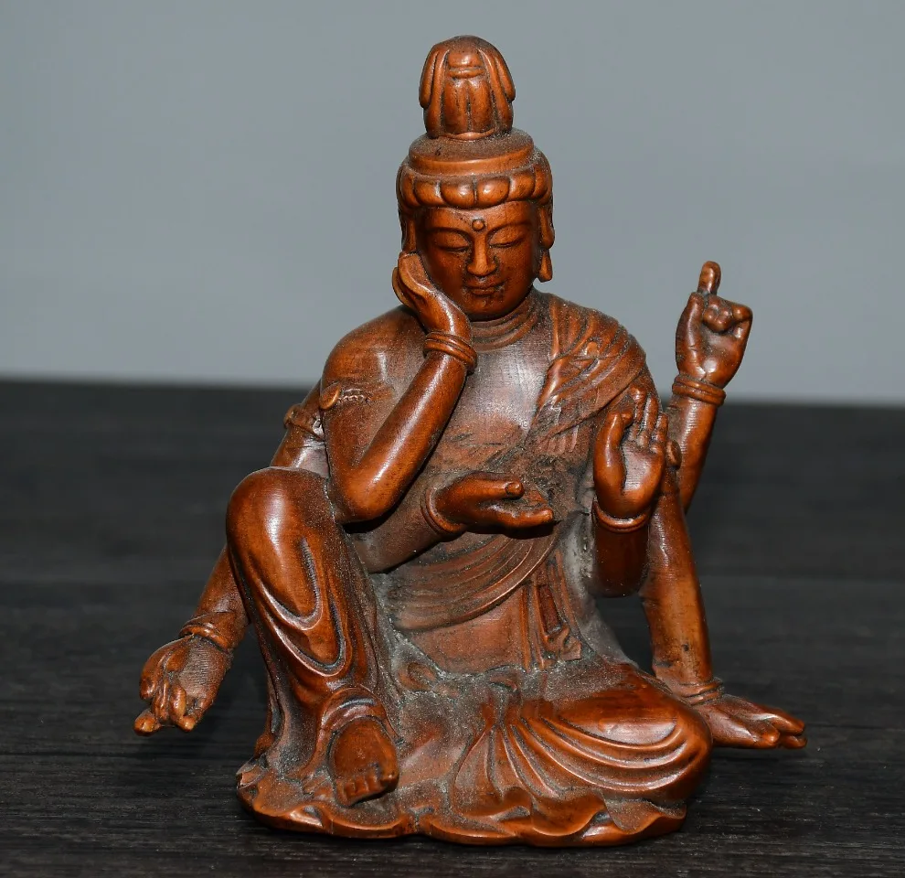 

5"Tibetan Temple Collection Old Boxwood Six Armed Guanyin Sitting Buddha Amitabha Worship Hall Town house