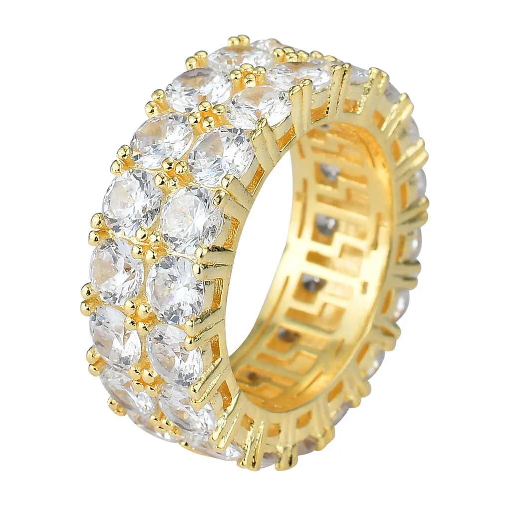 Luxury 24K 9999 Pure Gold real gold Hip-hop double-row diamond men's and women's ring