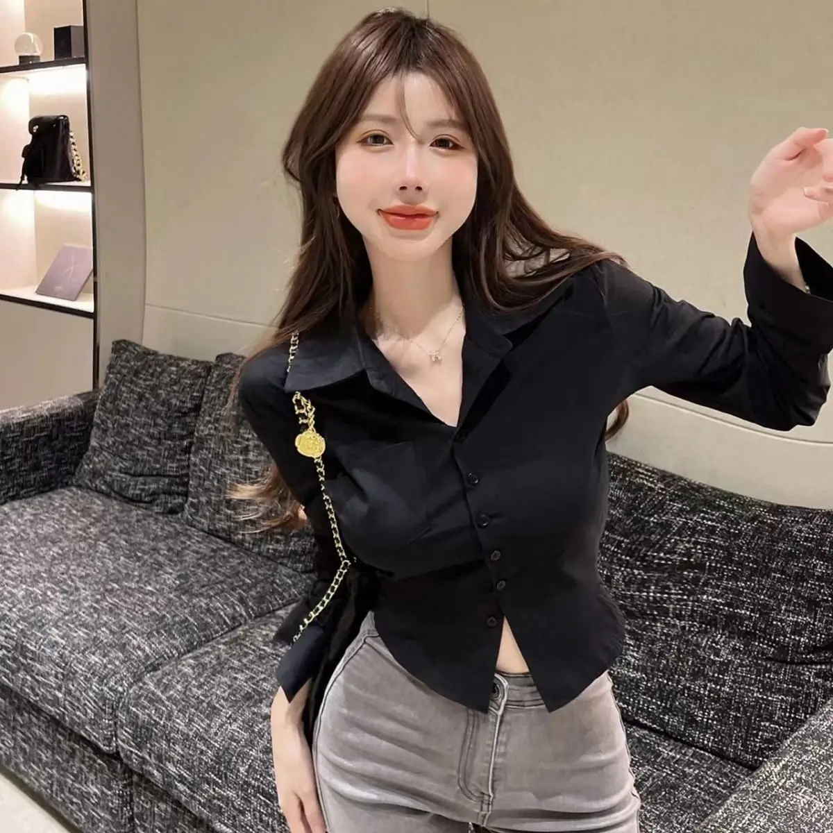 Slim Fit Short Sleeve Women's Shirt Long Sleeve Spring Autumn Black White Design Sensation Slimming Effect Small Size