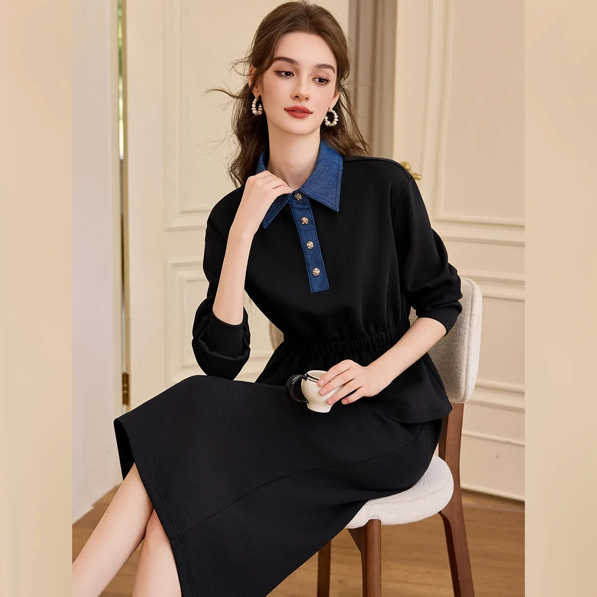 LOUIS YAO Color-Block Two-Piece Set 2025 Autumn Knitted Micro Elastic Fitted-Waist Splicing Knit Hoodie & Midi Skirt Women's Set