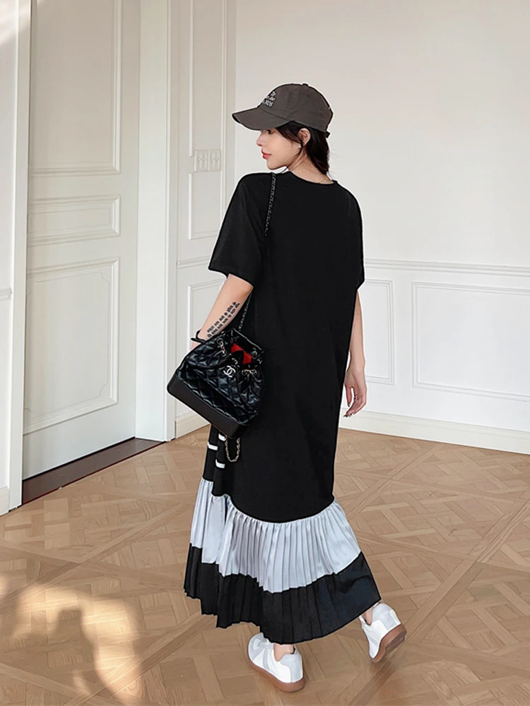 NYFS Summer 2026 Loose plus Size Women's Dress Korea Style Patchwork Pleated Hem Short Sleeve Long Dress Robe Elbise