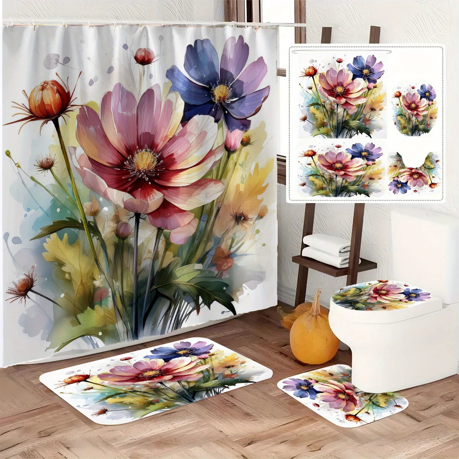 

Watercolor Floral Bathroom 4-Piece Set: Shower Curtain, Bath Mat, Toilet Cover, Tank Cover – Elegant and Colorful Decor
