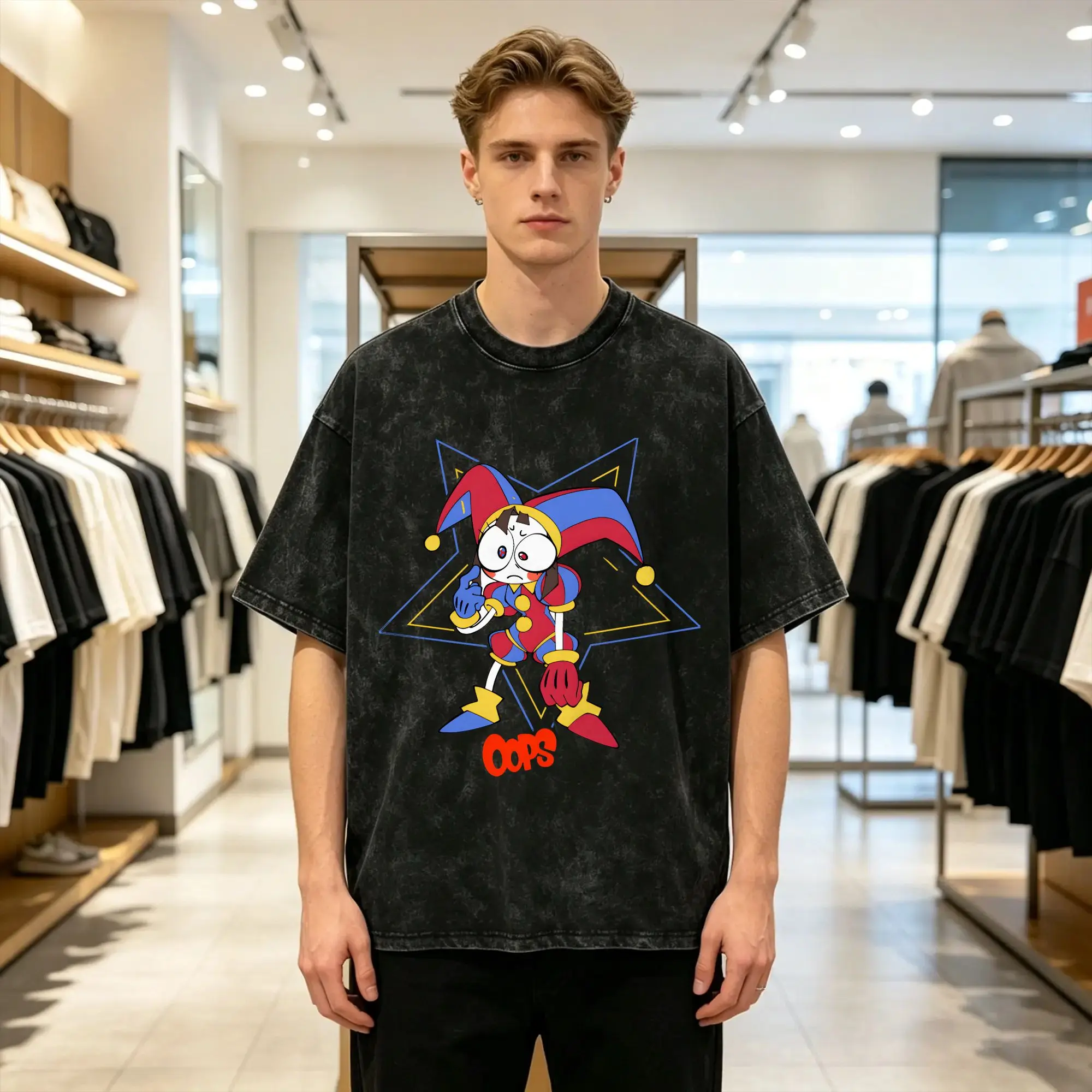 Cartoon Digatal Circus Men's T Shirts Washed  Awesome Tee Shirt Short Sleeve Round Neck T-Shirt Pure Cotton Summer Tops